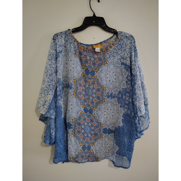 Ruby Rd. Tops - Ruby Rd Blue Medallion Paisley Chiffon‎ Flutter Sleeve Poncho Top 1X